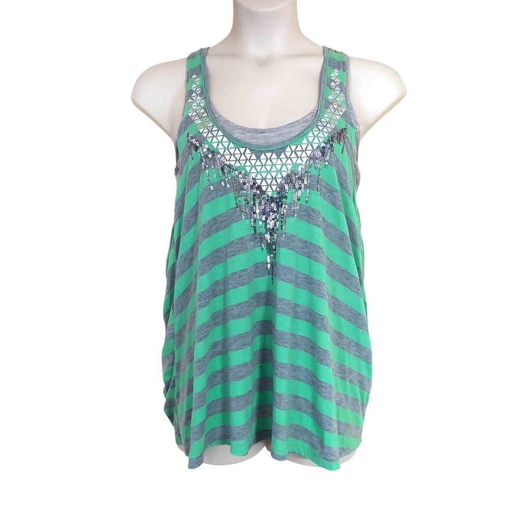 Miss Me Women's Layered Multicolor Striped Embellished Sequined Tank Top - Picture 2 of 7
